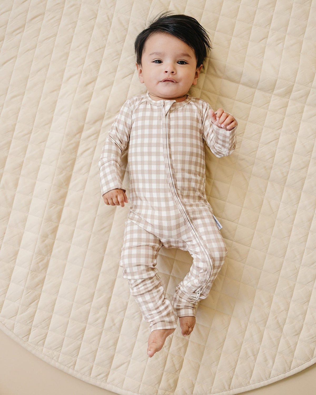 Bamboo Zip Romper | Beige Gingham