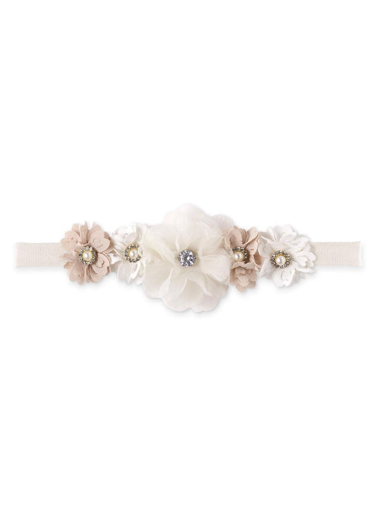 Ivory & Tan Faux Flowers W/ Pearls & Rhinestones Headband