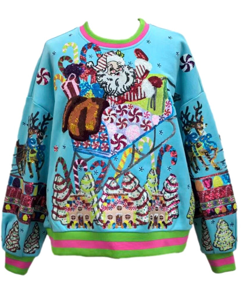 Queen of Sparkles Aqua Vintage Santa Gingerbread House Sweatshirt