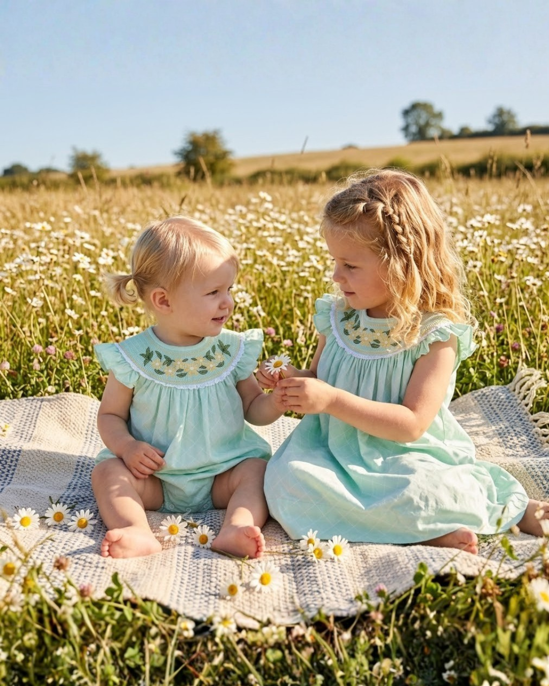 Aqua Daisy Smocked Bishop Dress