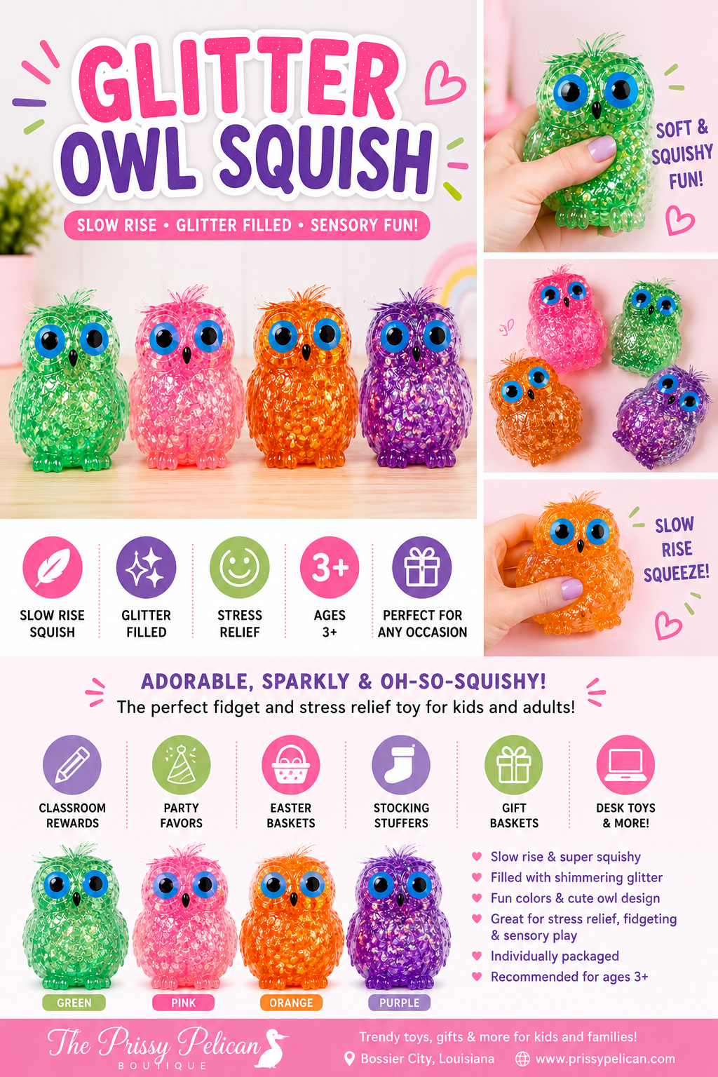 Glitter Crystal Owl Squishy Toy | Slow Rise Sensory Fidget | Stress Relief Squeeze Toy for Kids & Adults | The Prissy Pelican Boutique | Bossier City, LA