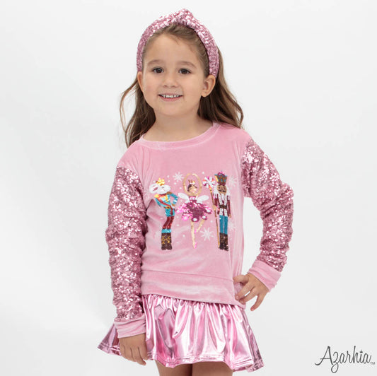 Nutcracker Sequin Sleeve Sweatshirt – Pink Velvet Christmas Top for Girls