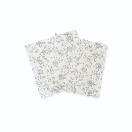 Baby Blue Floral Toile Scalloped Cocktail Napkins, 12pcs