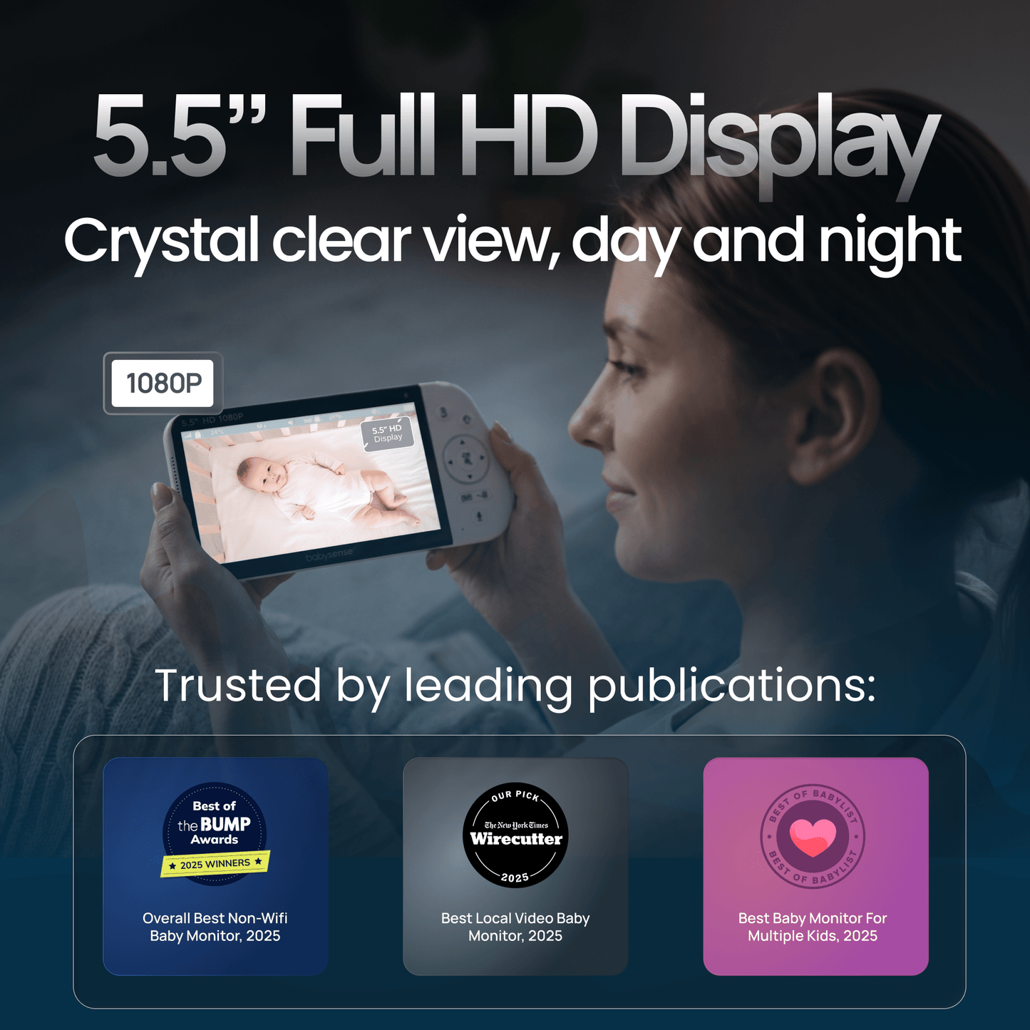 Babysense PRO | Non WiFi Video Baby Monitor with 2 Cameras, Split Screen, Night Light & Sound Machine