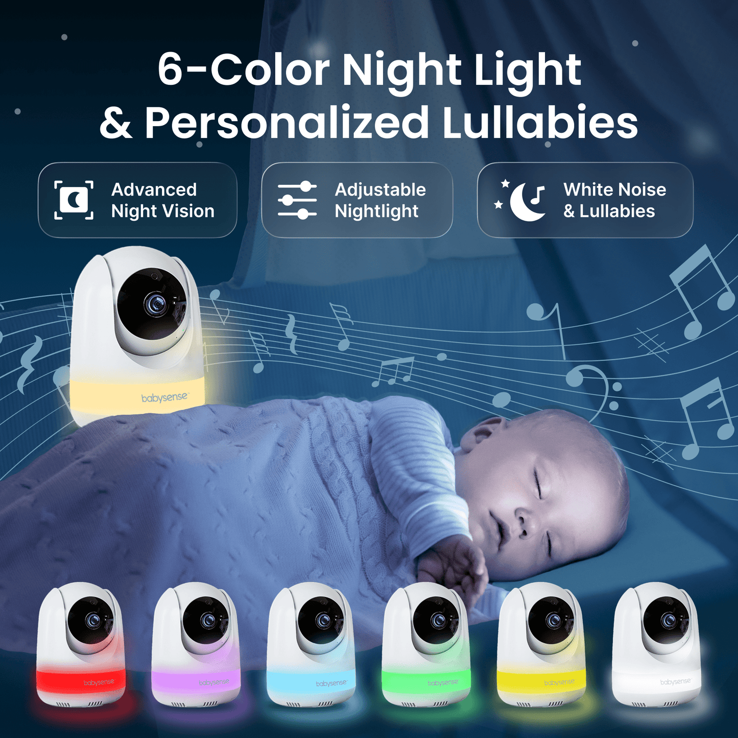 Babysense PRO | Non WiFi Video Baby Monitor with 2 Cameras, Split Screen, Night Light & Sound Machine