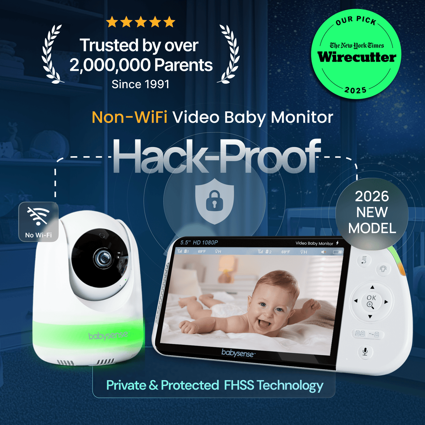Babysense PRO | Non WiFi Video Baby Monitor with 2 Cameras, Split Screen, Night Light & Sound Machine