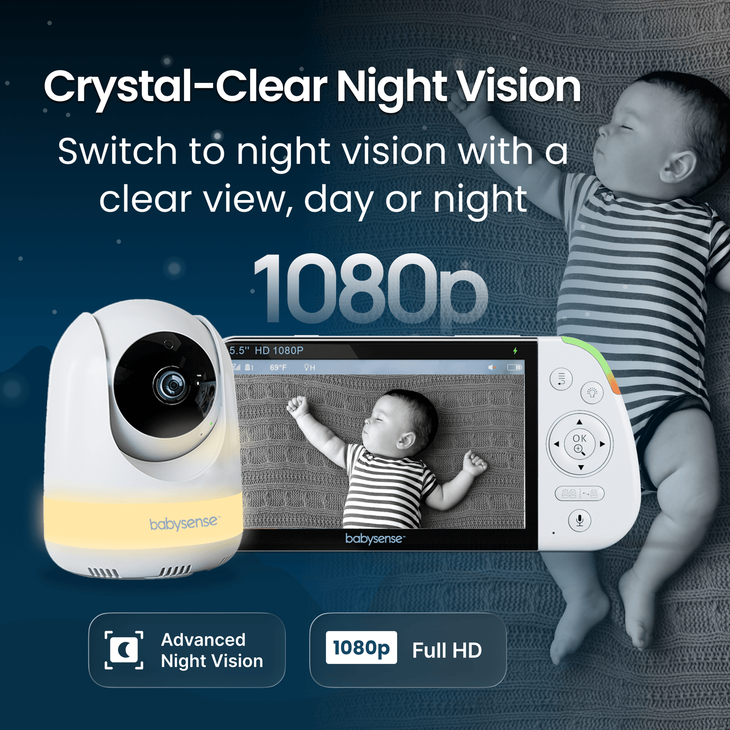 Babysense PRO | Non WiFi Video Baby Monitor with 2 Cameras, Split Screen, Night Light & Sound Machine