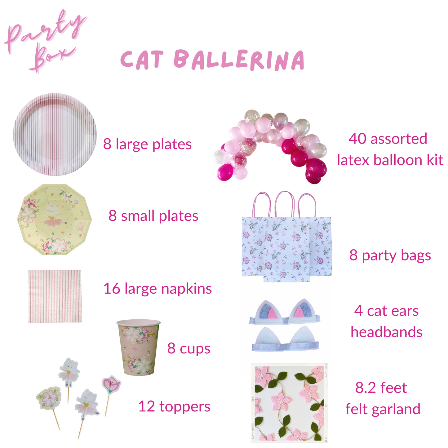 Ballerina Cat Birthday Party Supplies Kit – Girls Party | Plates, Cups, Napkins | Party in a Box