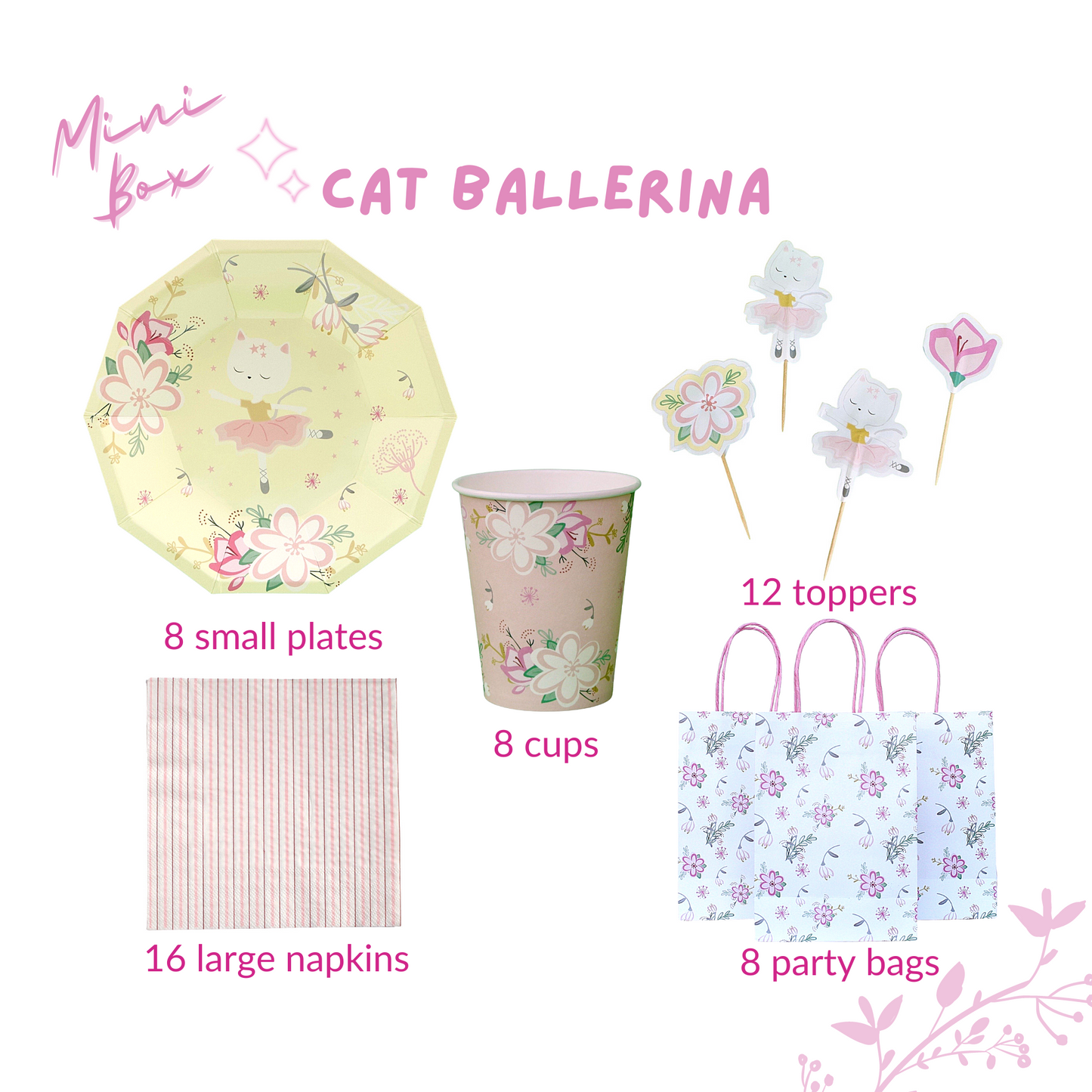 Ballerina Cat Birthday Party Supplies Kit – Girls Party | Plates, Cups, Napkins | Party in a Box
