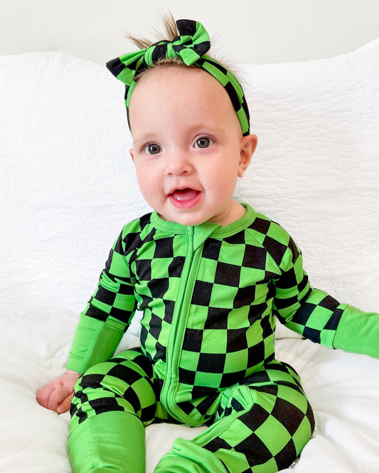 Green Checkers | Bamboo Headband Bow