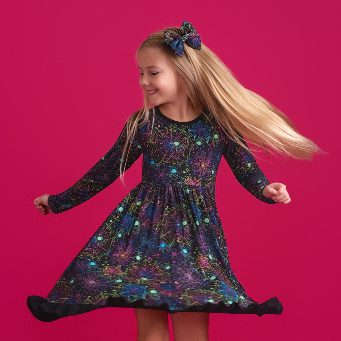 Halloween | Spooky Webs | Toddler & Girls Bamboo Ruffle Twirl Dress