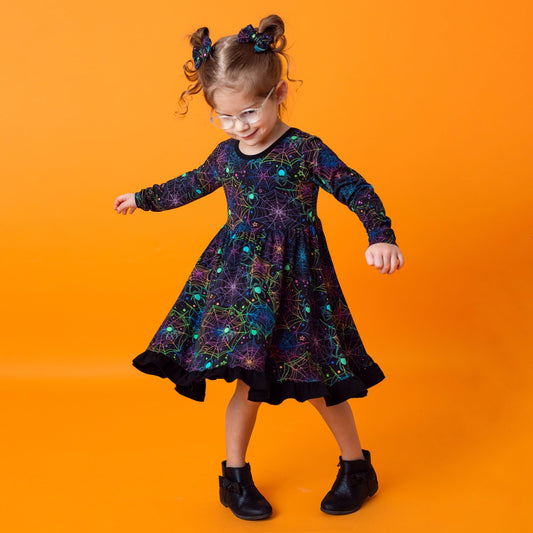 Halloween | Spooky Webs | Toddler & Girls Bamboo Ruffle Twirl Dress