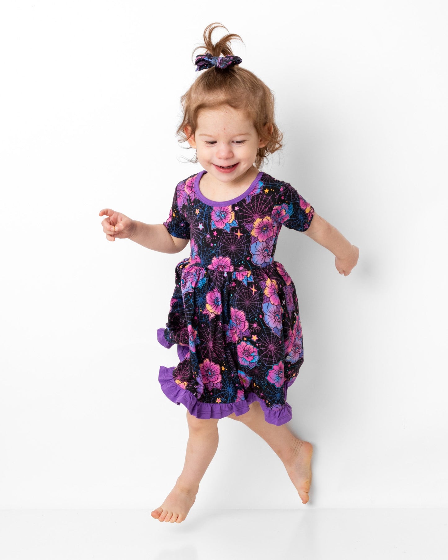 Halloween | Violet Webs | Toddler & Girls Bamboo Ruffle Twirl Dress