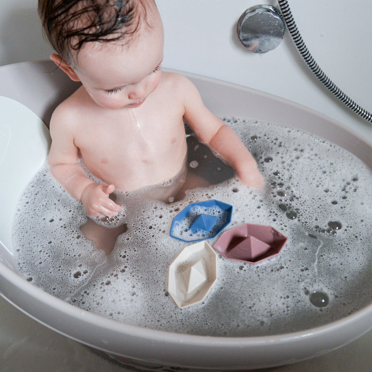 Baby Bathtime Essentials Bundle | Newborn Baby Bath with Support, Rinse Jug, and Ellie Bath Toy Scoop - Taupe