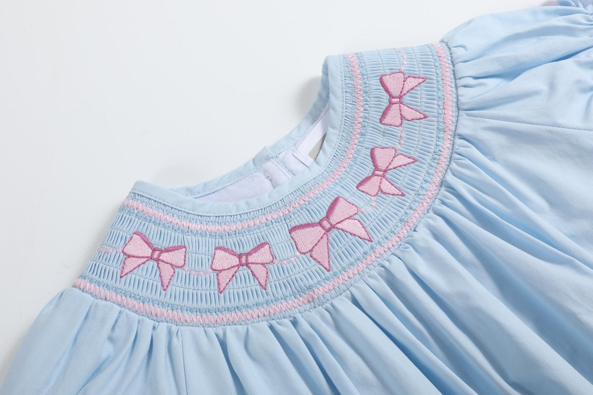 Blue and Pink Bow Smocked Bubble Romper