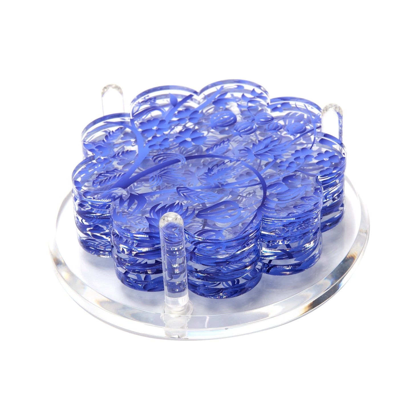 Blue Toile Acrylic Scallop Drink Coasters