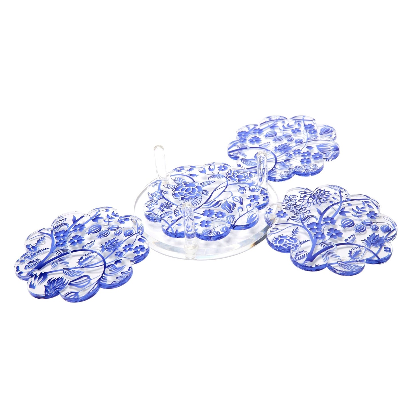 Blue Toile Acrylic Scallop Drink Coasters