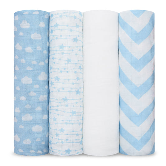Muslin Swaddle Blankets in Blue, 4 Pack