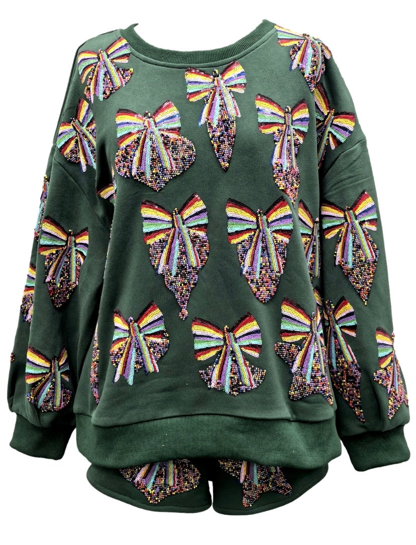 Queen of Sparkles Dark Green Multi Rainbow Beaded Ornament Sweatshirt