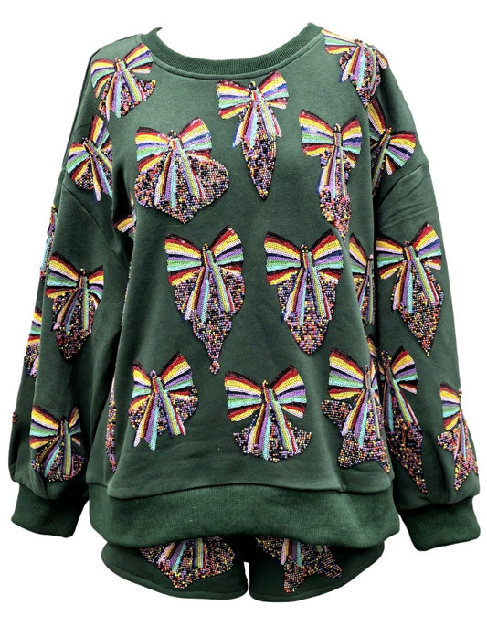 Queen of Sparkles Dark Green Multi Rainbow Beaded Ornament Sweatshirt