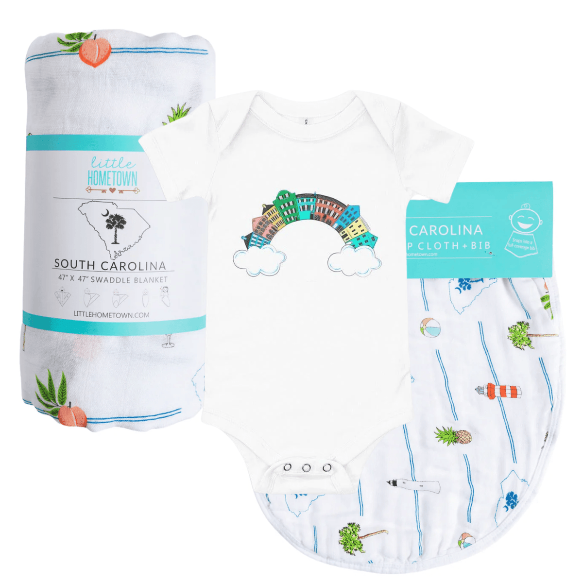 Charleston Rainbow , South Carolina Newborn Gift Bundle: Swaddle, Bib & Onesie