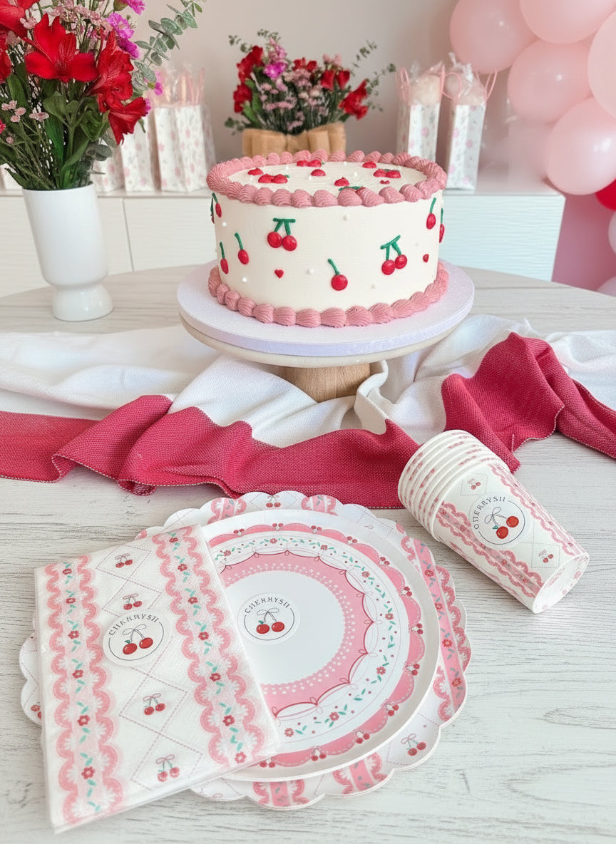 Cherry Coquette Party Supplies Kit – Red Cherry Bow Aesthetic | Plates, Cups, Napkins | Party in a Box