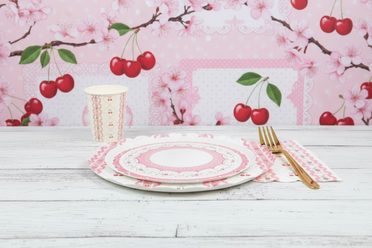 Cherry Coquette Party Supplies Kit – Red Cherry Bow Aesthetic | Plates, Cups, Napkins | Party in a Box