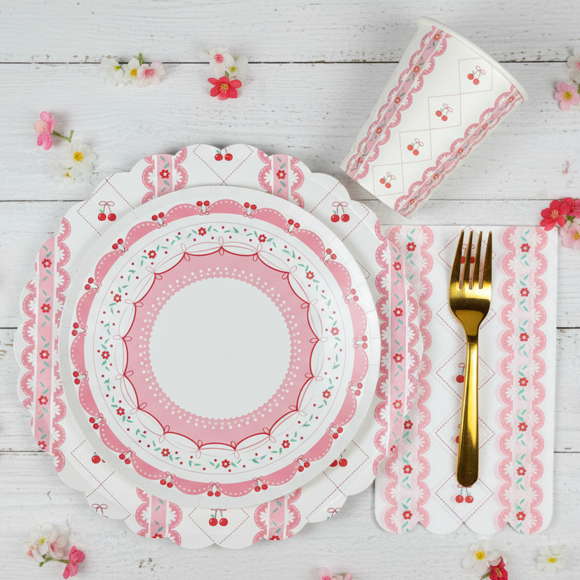 Cherry Coquette Party Supplies Kit – Red Cherry Bow Aesthetic | Plates, Cups, Napkins | Party in a Box