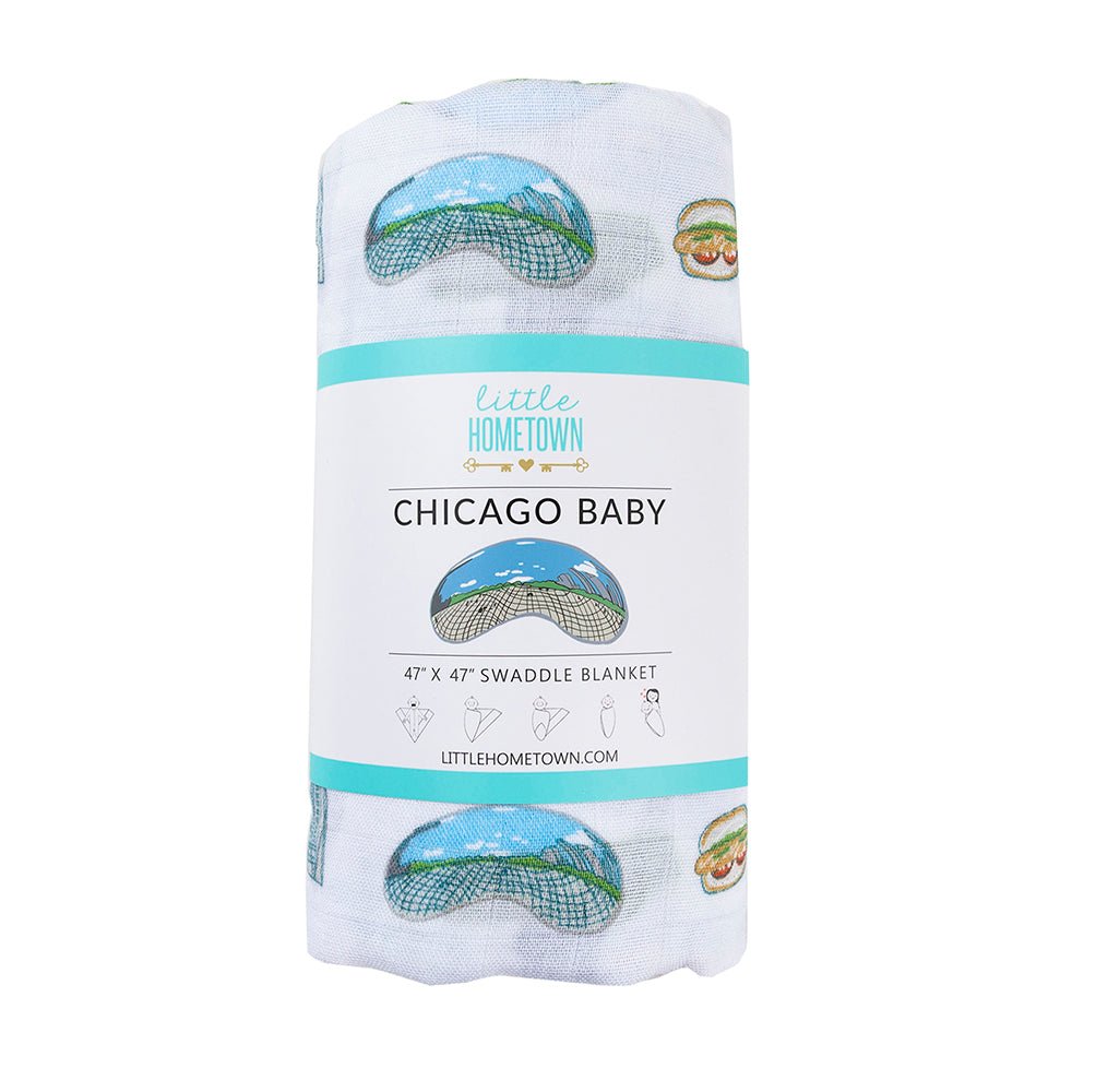 Chicago Foodie Baby Gift Bundle Bamboo Cotton Swaddle, Bib, Onesie