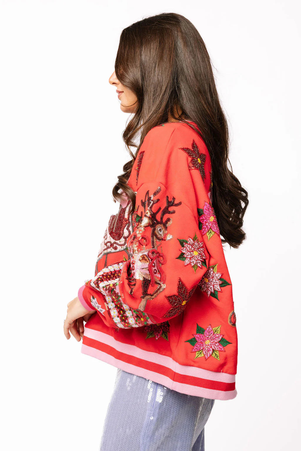 Queen of Sparkles Red & Pink Vintage Poinsettia Santa Sweatshirt – Adult