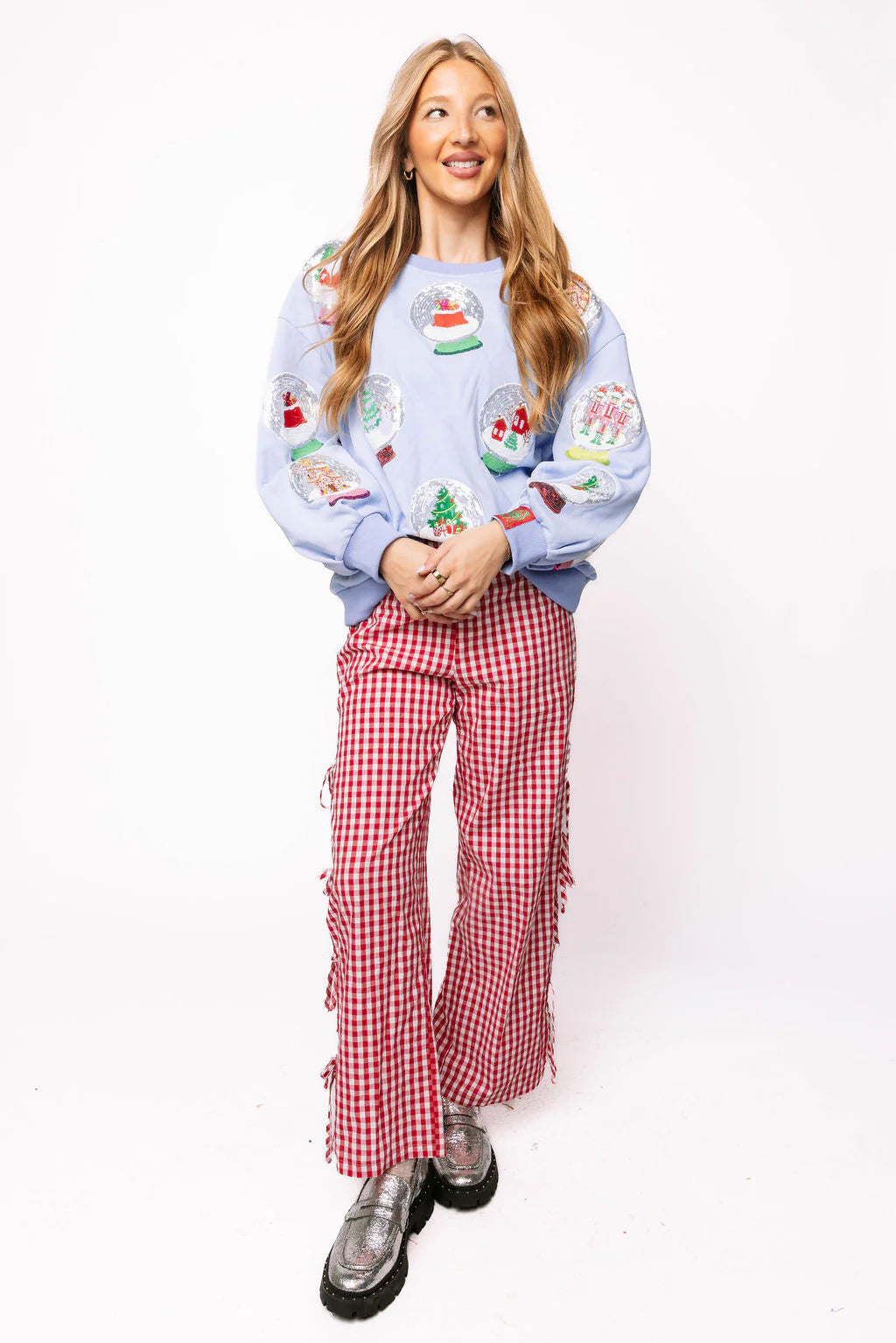 Queen of Sparkles Powder Blue Sequin Christmas Snow Globe Sweatshirt – Adult