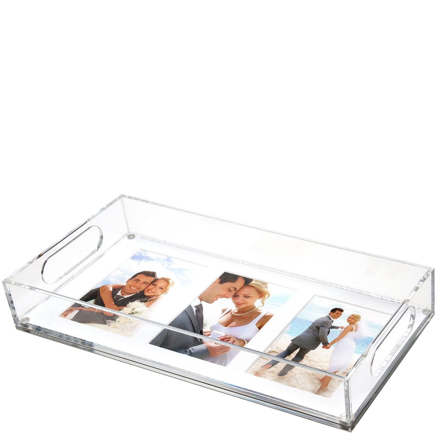 Clear Acrylic 16" x 8" Photo Tray with White Mat for Three Photos