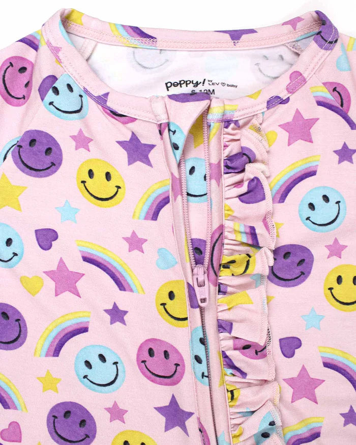 Smiley Rainbow Ruffled ‘Poppy’™ Convertible Romper –Bamboo Footie & Romper