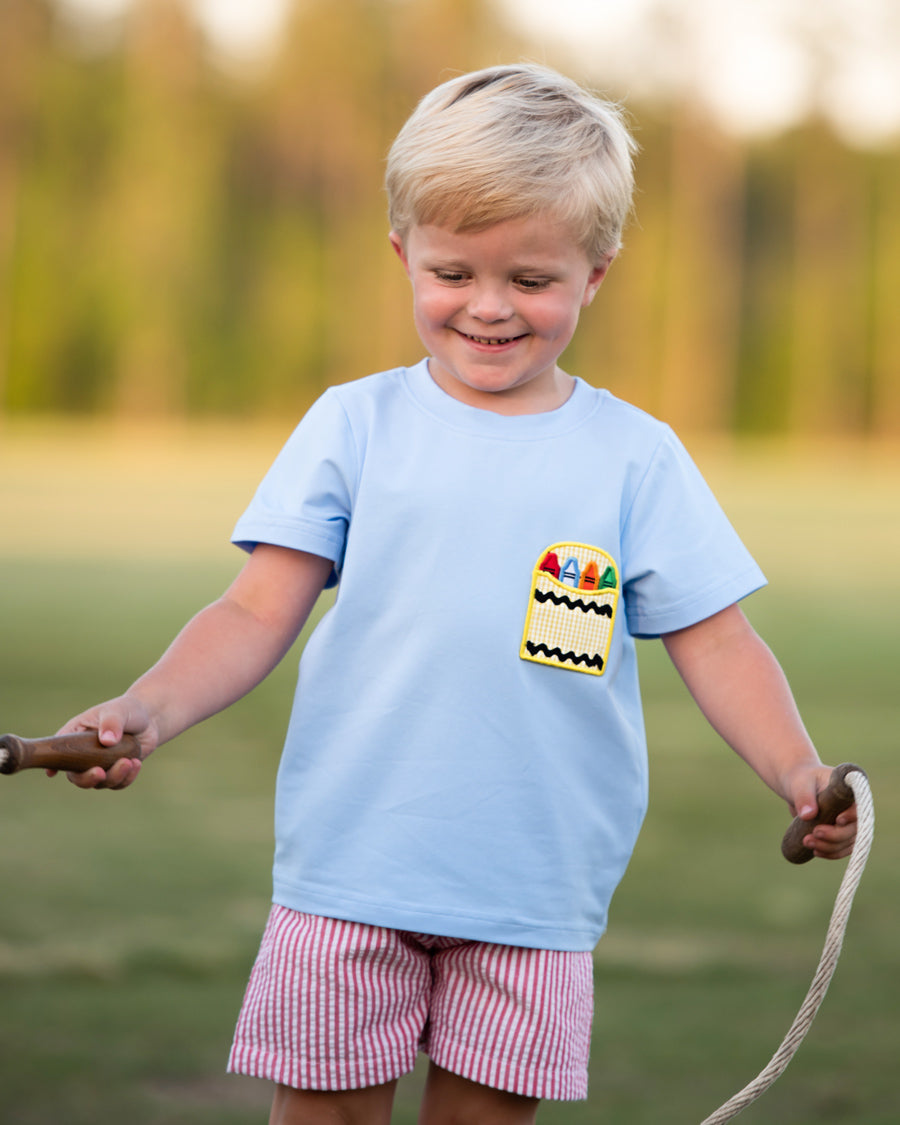 Crayon Pocket Red Seersucker Boy Shorts Set- FINAL SALE