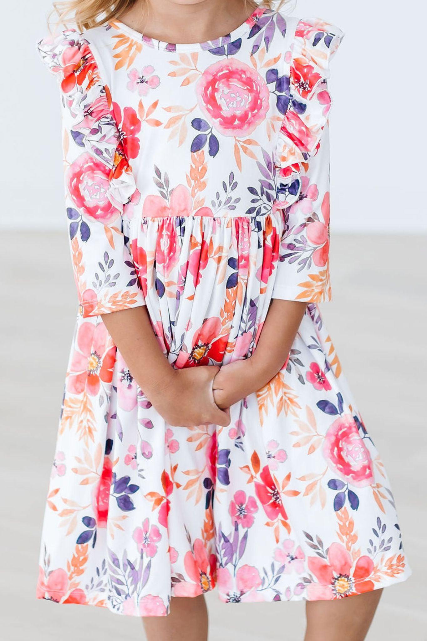 Tangerine Leaves 3/4 Sleeve Ruffle Twirl Dress