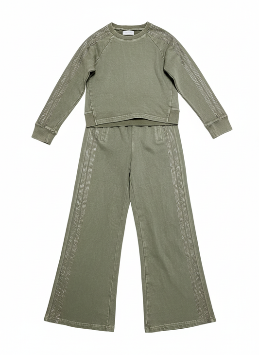 Tween Rhinestone Stripe French Terry Set – Olive (Top & Pants Sold Separately)