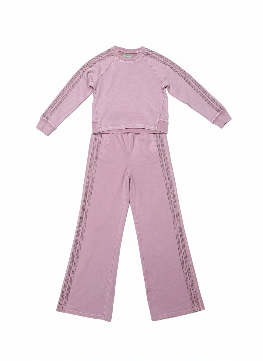 Tween Rhinestone Stripe French Terry Set – Rose Pink (Top & Pants Sold Separately)