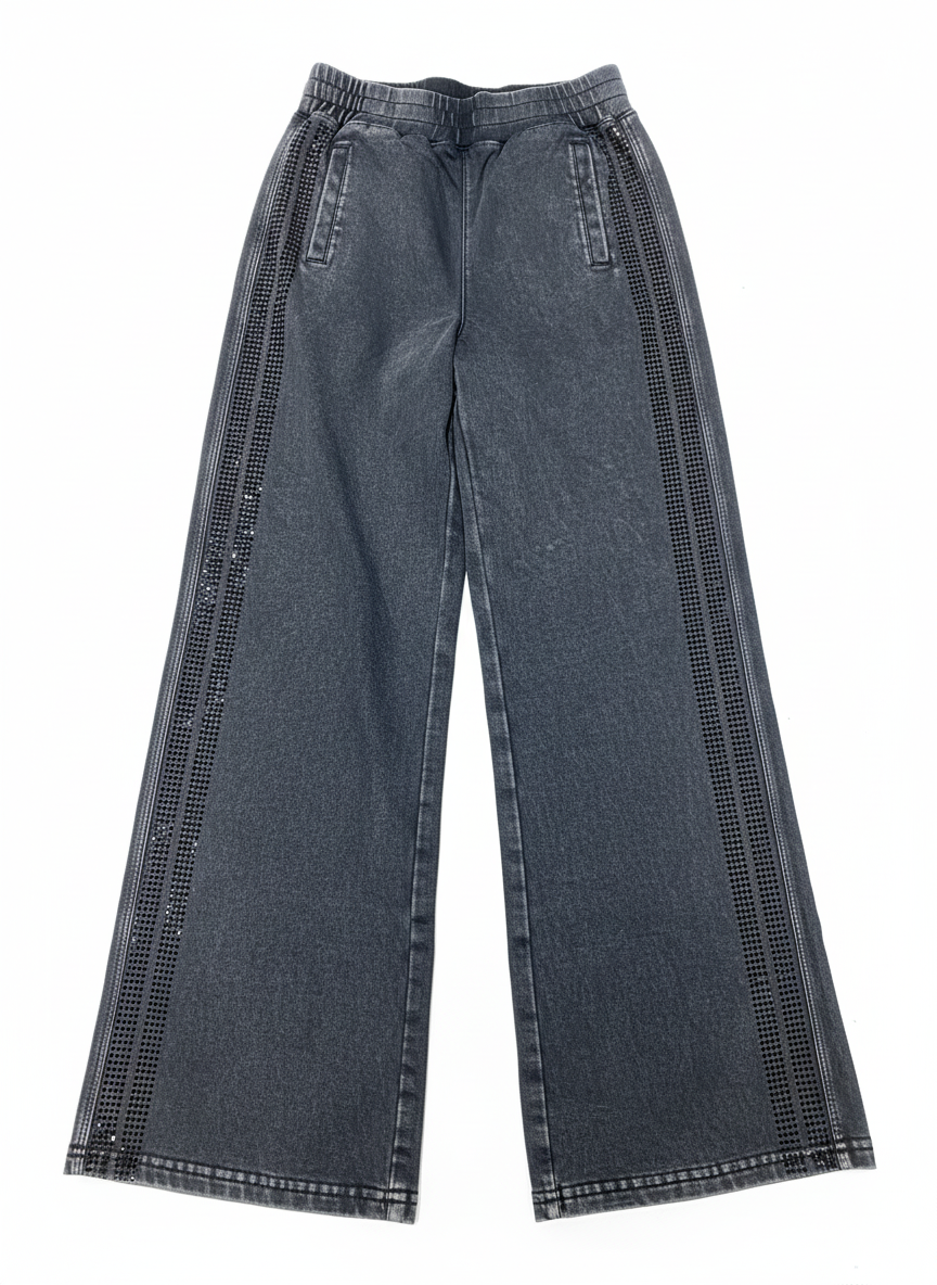 Tween Rhinestone Stripe French Terry Wide-Leg Pant – Grey Wash