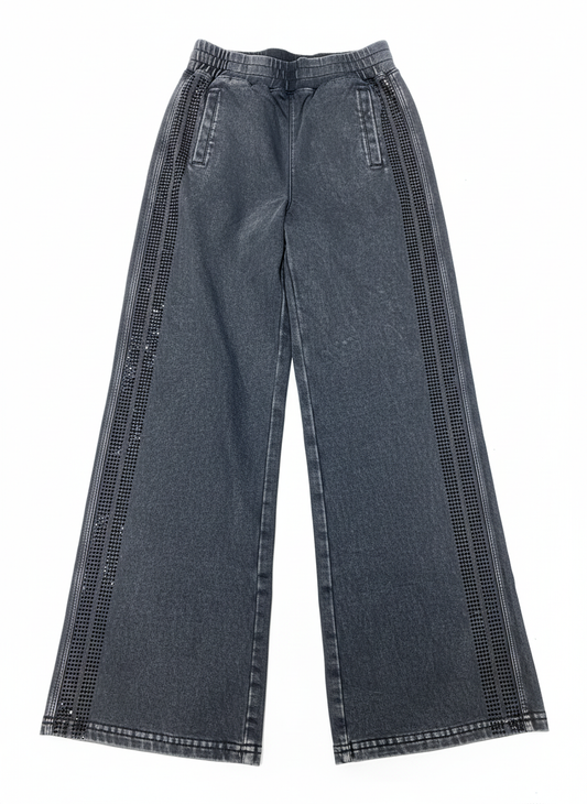 Tween Rhinestone Stripe French Terry Wide-Leg Pant – Grey Wash
