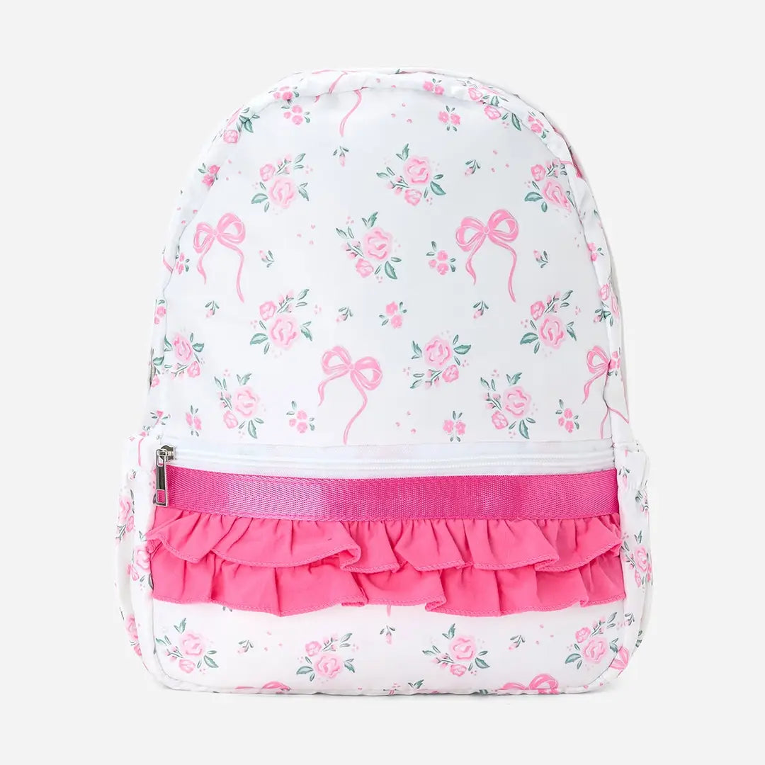Pink Bow & Floral Ruffle Backpack | Girls School Backpack | Boutique Book Bag