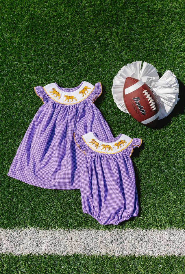 Girls Purple Tiger Smocked Bubble – LSU-Inspired Baby Girl Game Day Bubble | The Prissy Pelican Boutique Bossier City, LA