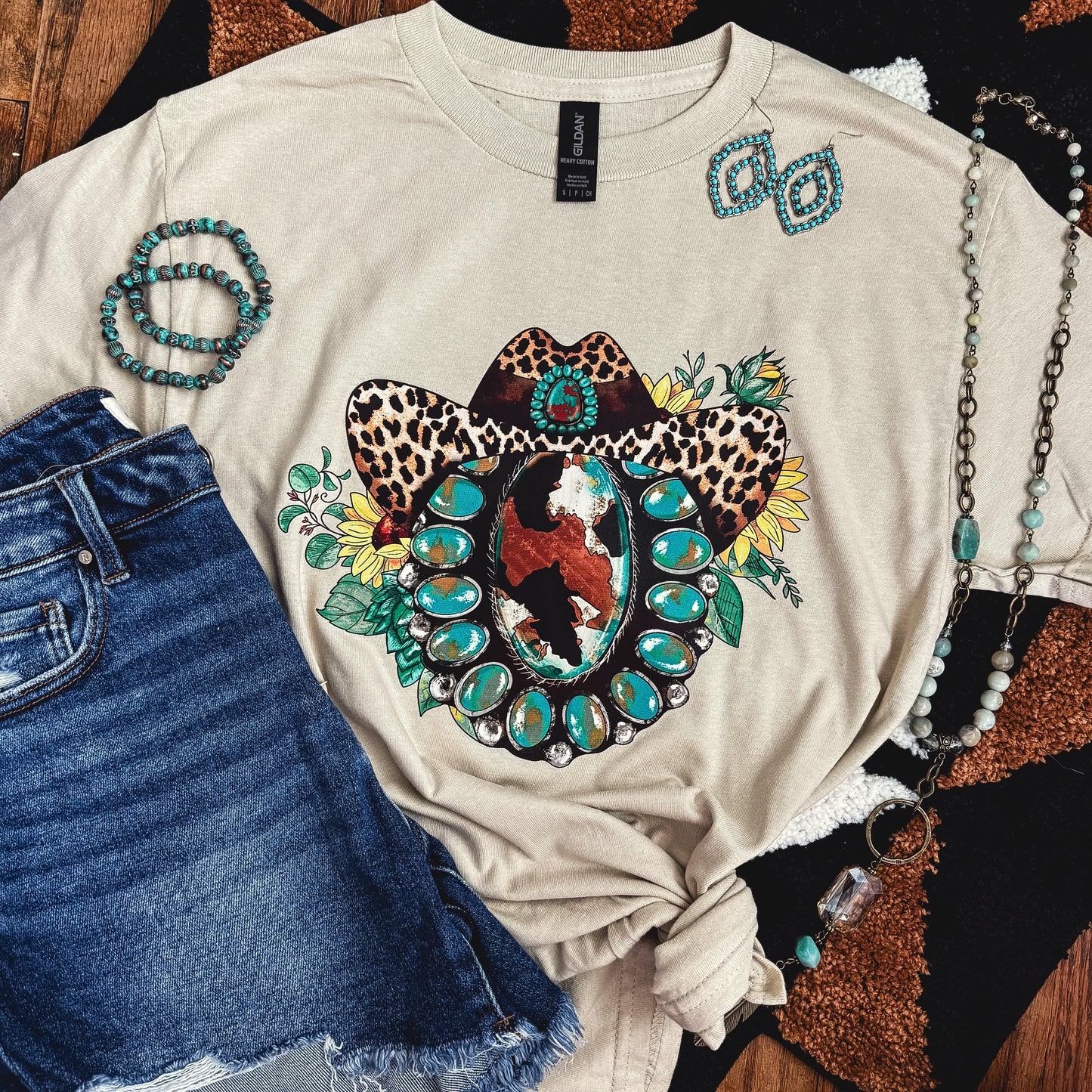 Leopard Hat Turquoise Squash Blossom Soft Graphic Tee