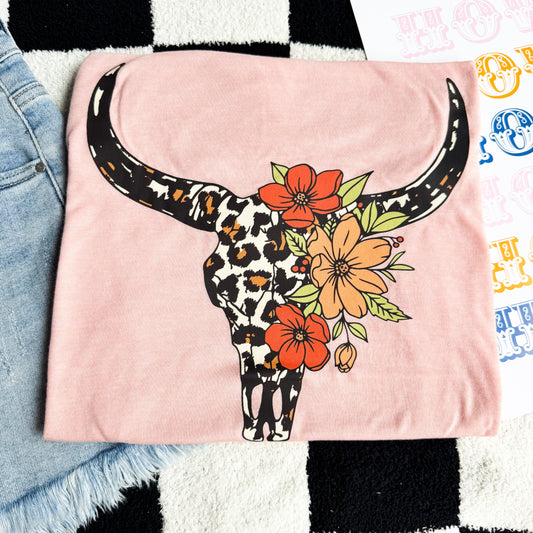 Peach Leopard Bullskull Graphic Tee