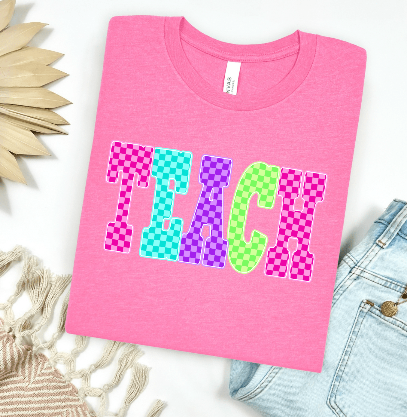 TEACH Checkered Neon Graphic Tee