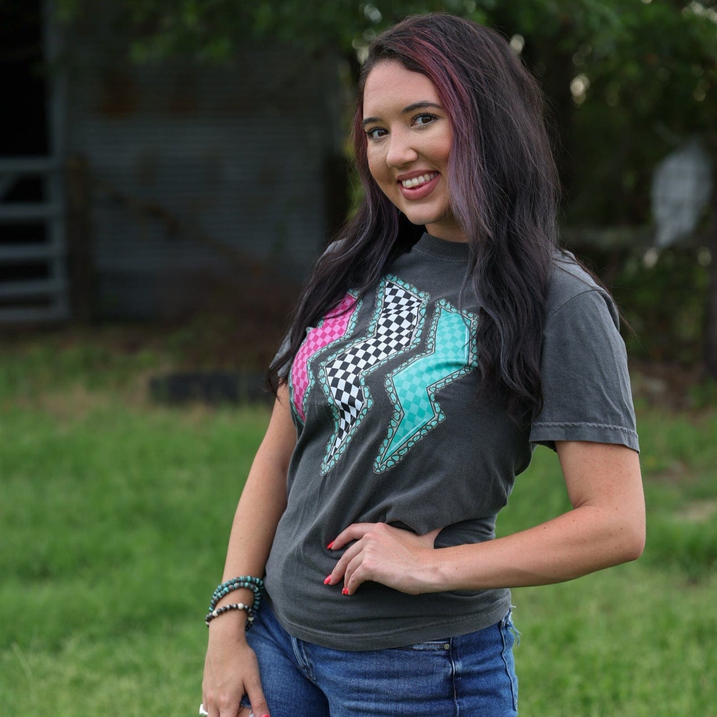 Triple Lightning Bolt Turquoise Border Tee Soft Graphic Tee