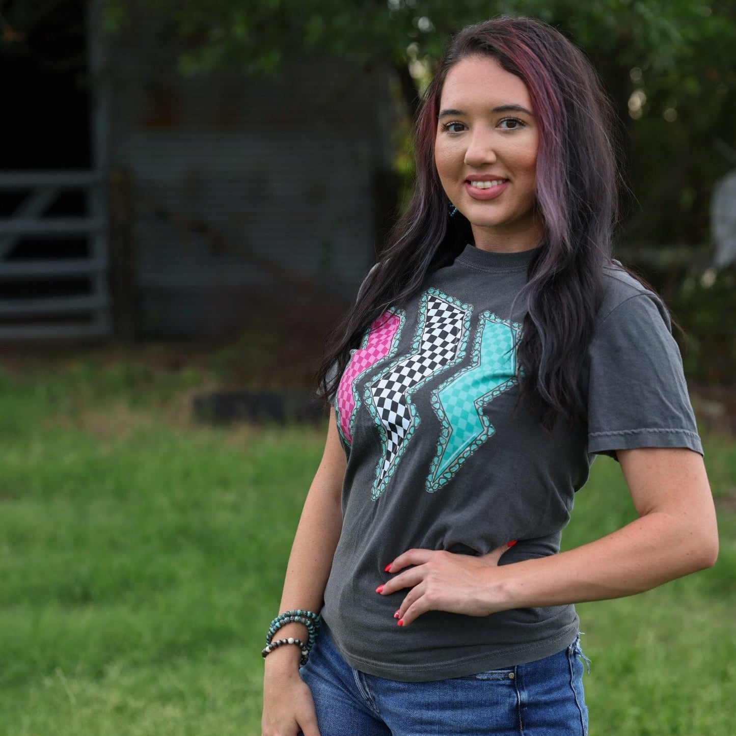 Triple Lightning Bolt Turquoise Border Tee Soft Graphic Tee