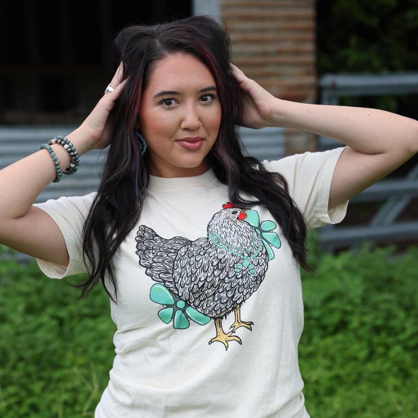 Turquoise Chicken with Flowers Soft Graphic Tee