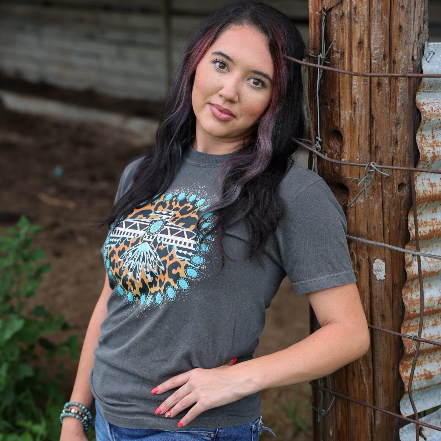 Turquoise Thunderbird Aztec Leopard Soft Graphic Tee