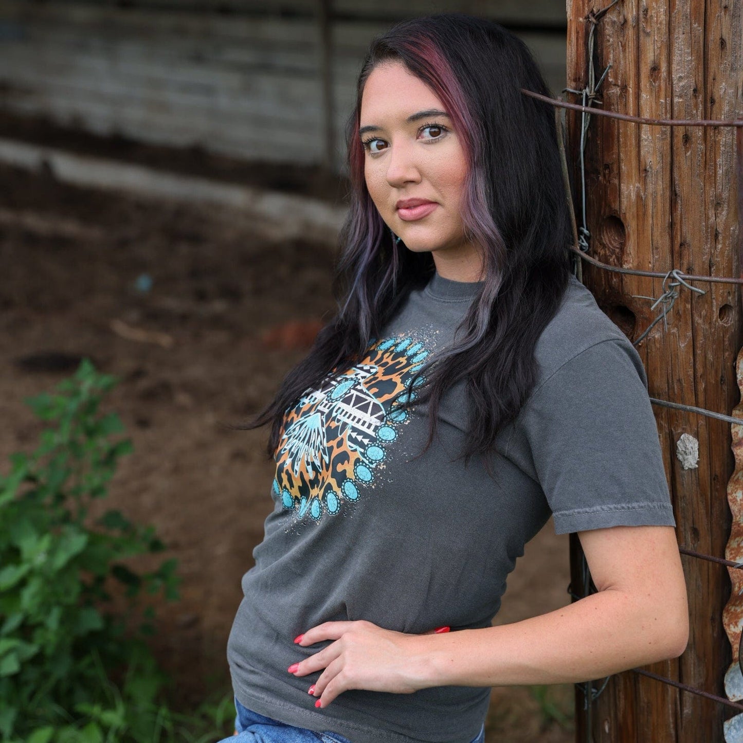 Turquoise Thunderbird Aztec Leopard Soft Graphic Tee