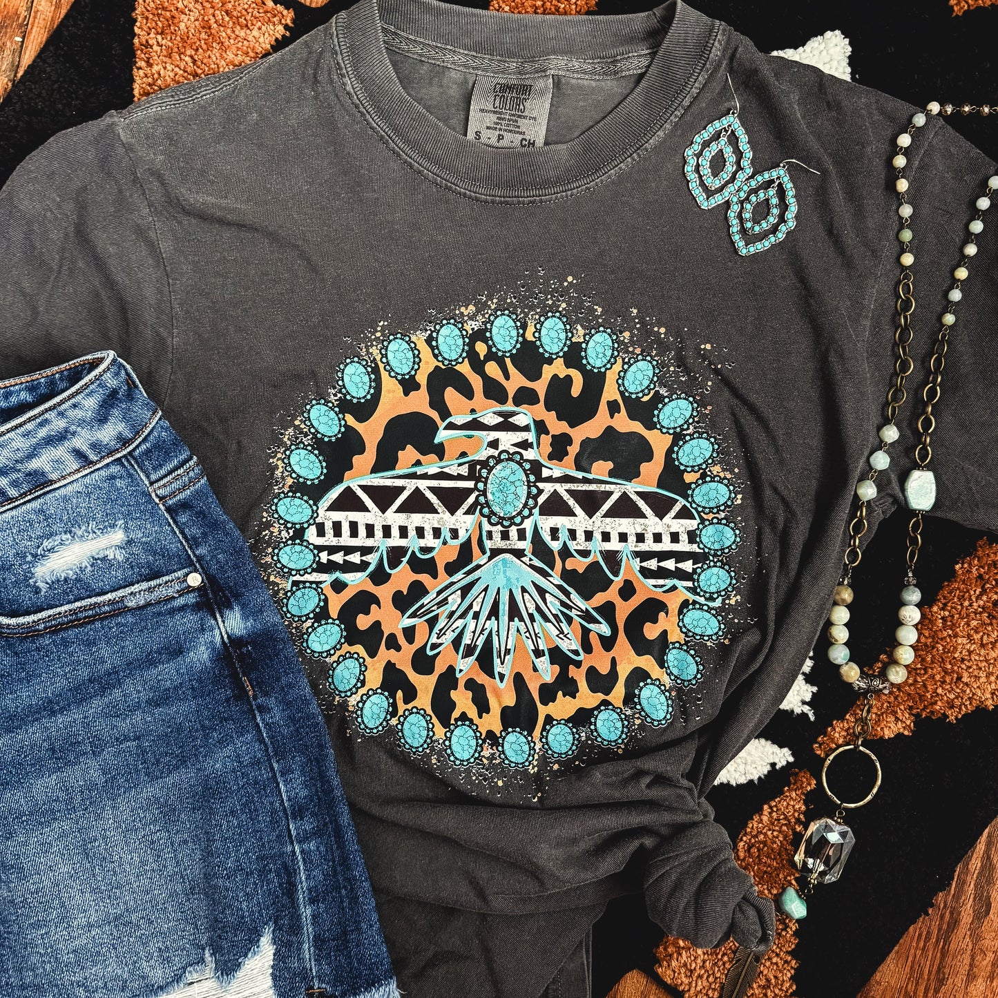 Turquoise Thunderbird Aztec Leopard Soft Graphic Tee